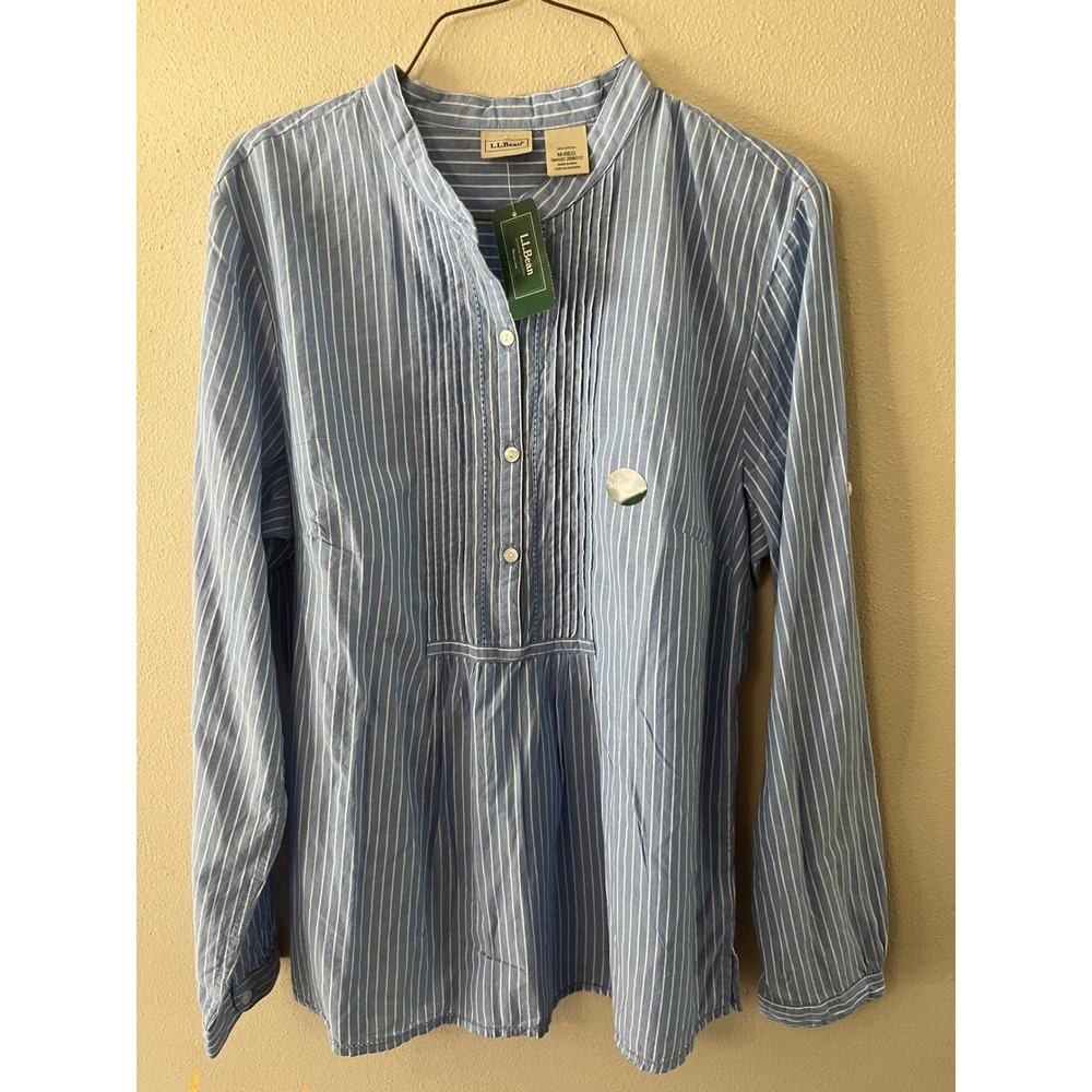L.L. BEAN Striped Pintuck Blouse Womens M Blue White NWT Cotton Tunic